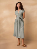 Linen Blend Pleat Waist Midi Dress