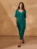 Linen Blend V Neck Midi Dress