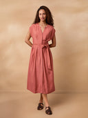 Linen Blend Pleat Waist Midi Dress