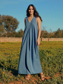 Linen Blend Sleeveless V Neck Maxi Swing Dress